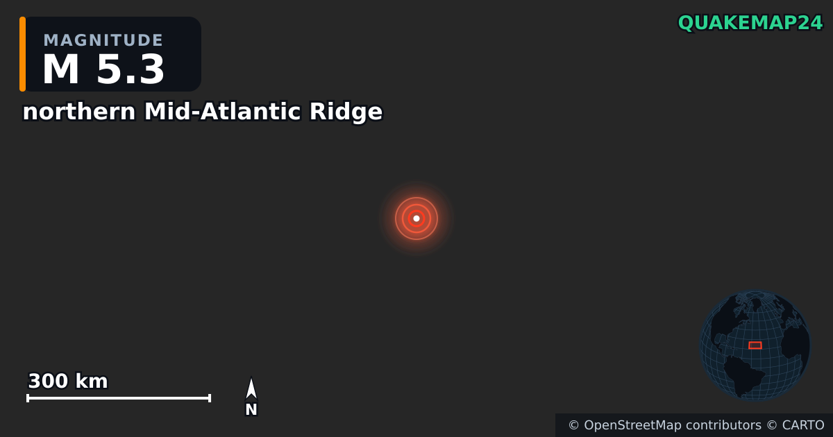 M5.3 Earthquake near northern Mid-Atlantic Ridge · 2026-03-30 — Map showing the location of the epicenter