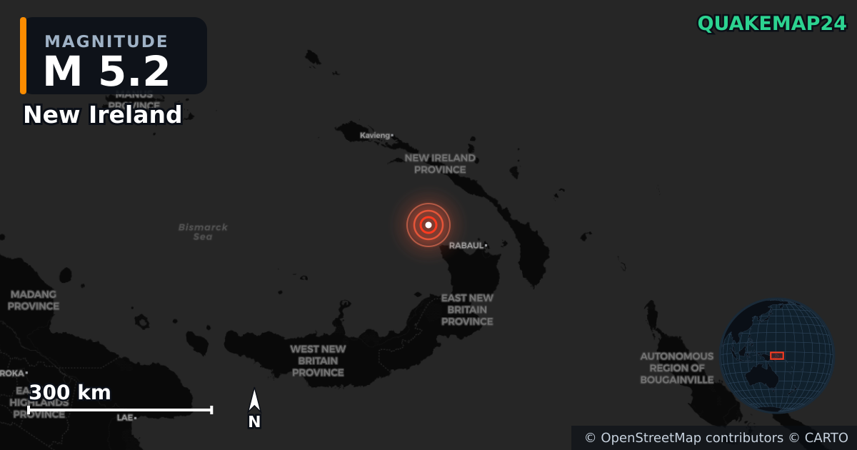 M5.2 earthquake near New Ireland on Oct 5, 2025 — map of epicenter and shaking intensity | QuakeMap24