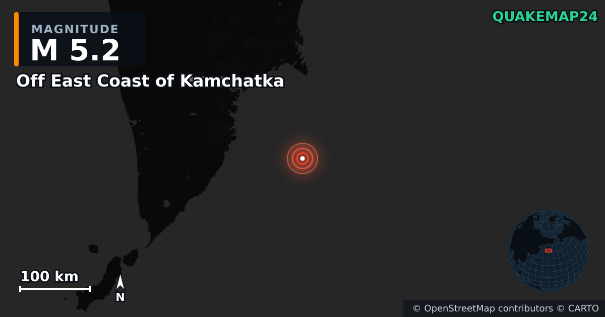 M5.2 earthquake near Off East Coast of Kamchatka on Sep 3, 2025 — map of epicenter and shaking intensity | QuakeMap24