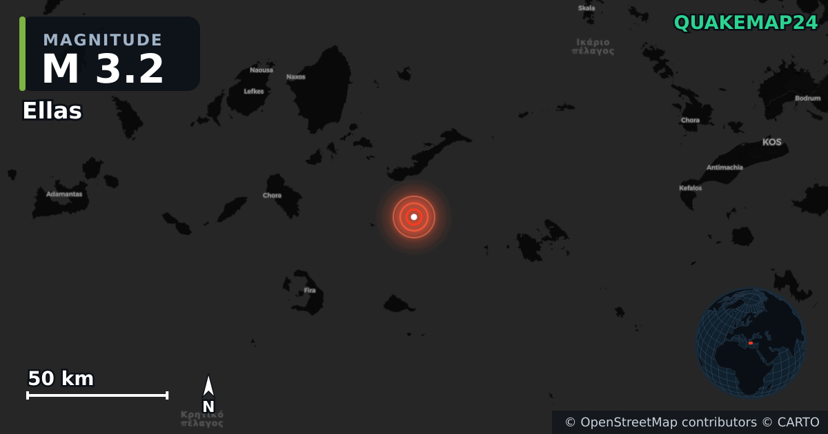 M3.2 earthquake near Ellas on Jan 13, 2026 — map of epicenter and shaking intensity | QuakeMap24