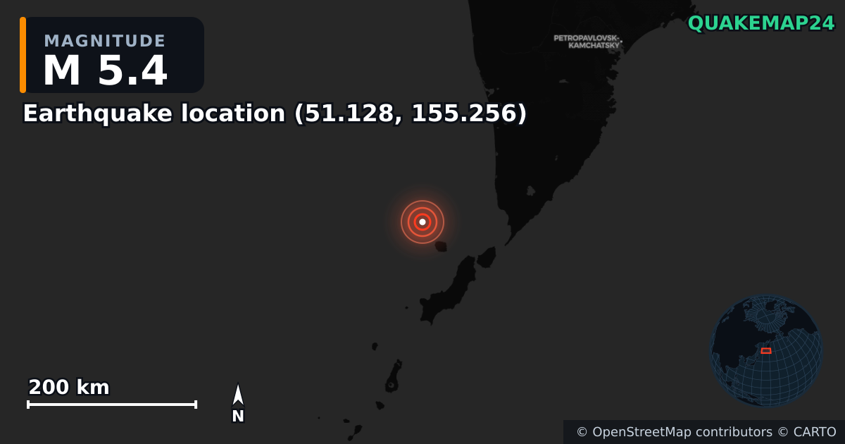M5.4 earthquake near Deprem konumu (51.128, 155.256) on Dec 27, 2025 — map of epicenter and shaking intensity | QuakeMap24