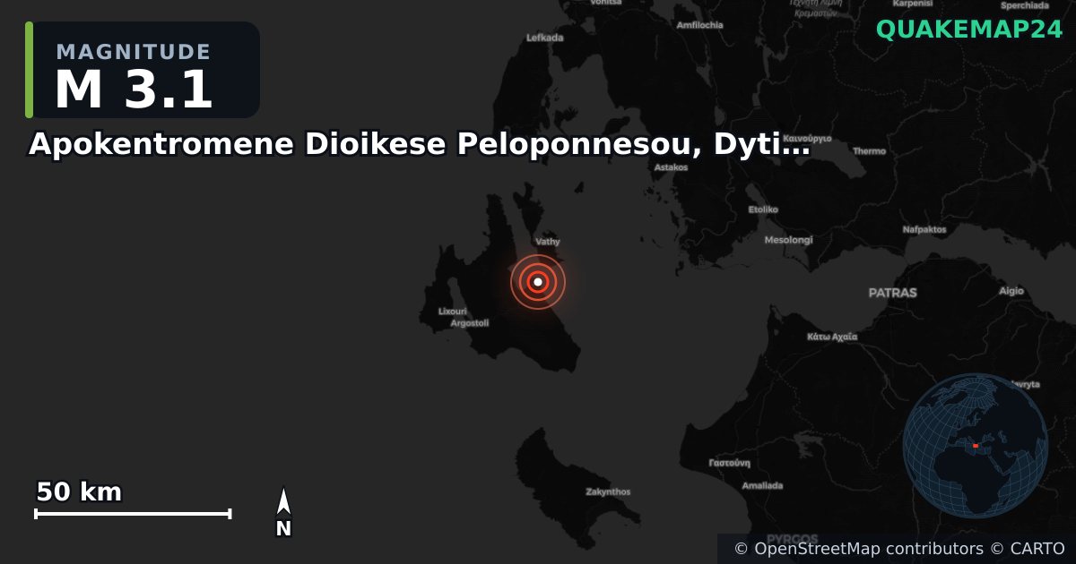M3.1 earthquake near Apokentromene Dioikese Peloponnesou, Dytikes Elladas kai Ioniou on Sep 30, 2025 — map of epicenter and shaking intensity | QuakeMap24