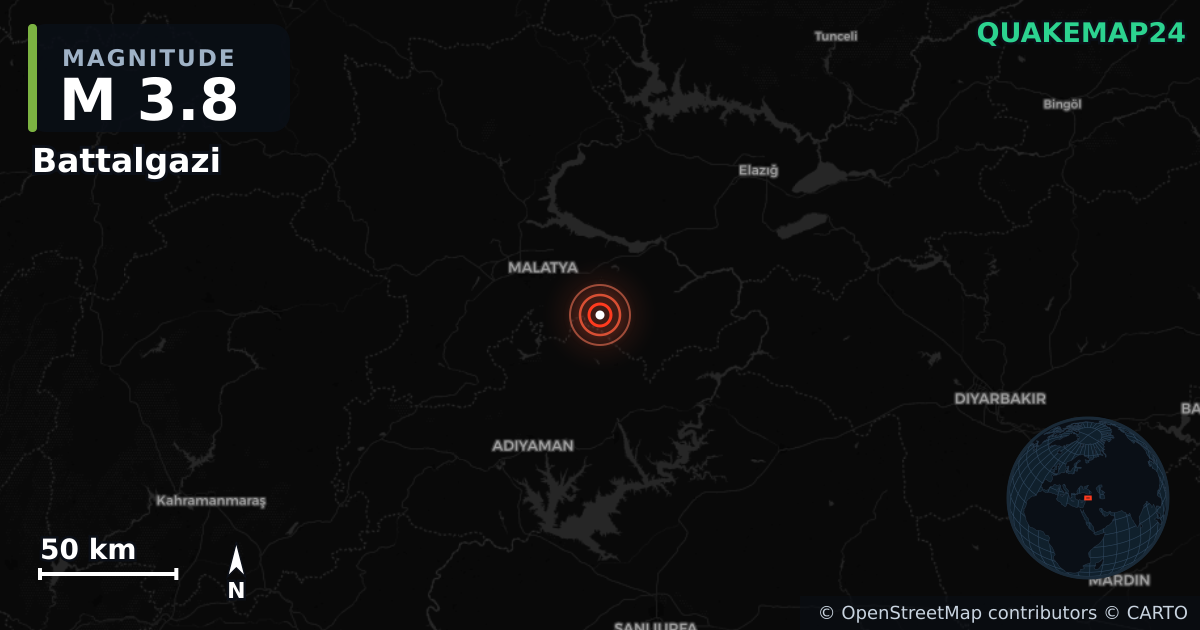 M3.8 earthquake near Battalgazi on Oct 6, 2025 — map of epicenter and shaking intensity | QuakeMap24