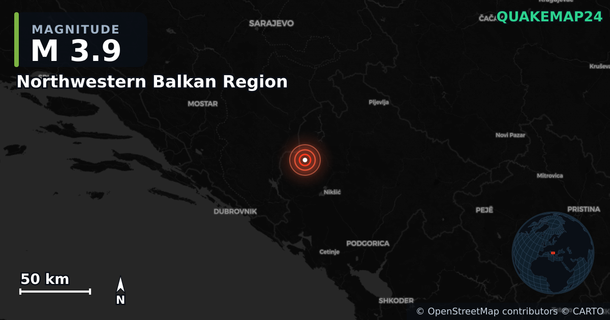 M3.9 earthquake near Northwestern Balkan Region on Oct 29, 2025 — map of epicenter and shaking intensity | QuakeMap24