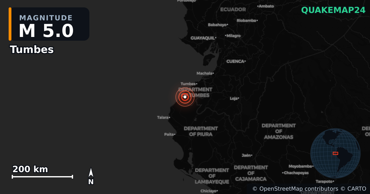 M5.0 earthquake near Tumbes on May 11, 2025 — map of epicenter and shaking intensity | QuakeMap24