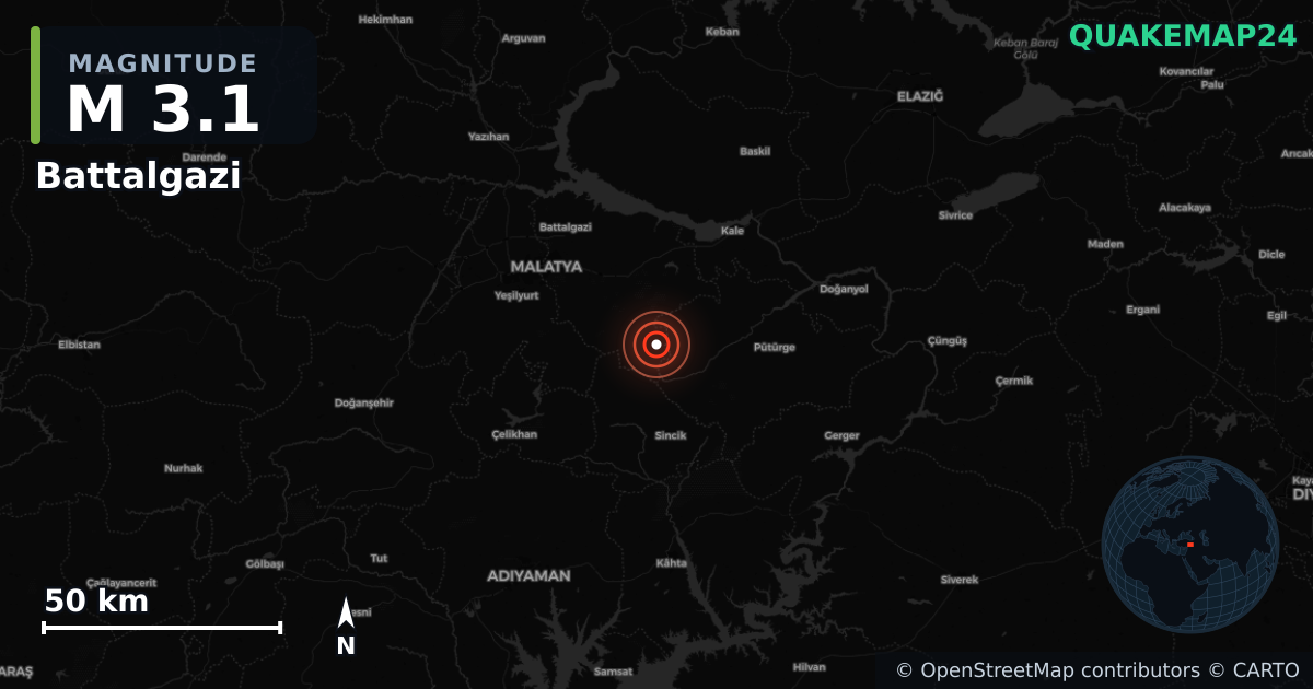 M3.1 earthquake near Battalgazi on Aug 17, 2026 — map of epicenter and shaking intensity | QuakeMap24