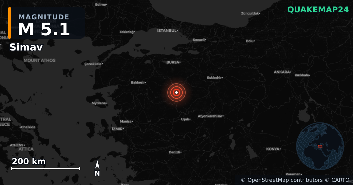 M5.1 earthquake near Simav on Sep 28, 2025 — map of epicenter and shaking intensity | QuakeMap24
