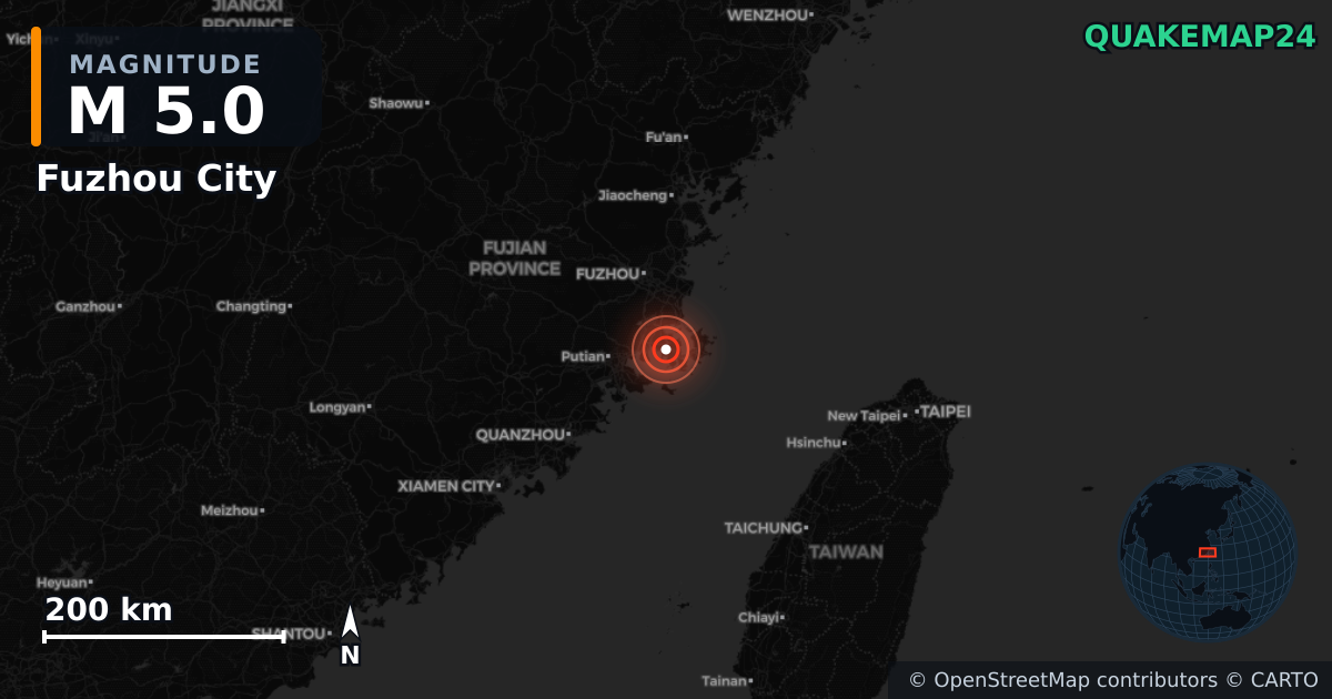 M5.0 earthquake near Fuzhou City on May 25, 2026 — map of epicenter and shaking intensity | QuakeMap24