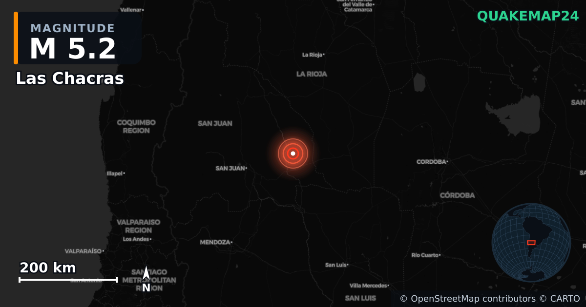 M5.2 earthquake near Las Chacras on Jan 8, 2026 — map of epicenter and shaking intensity | QuakeMap24