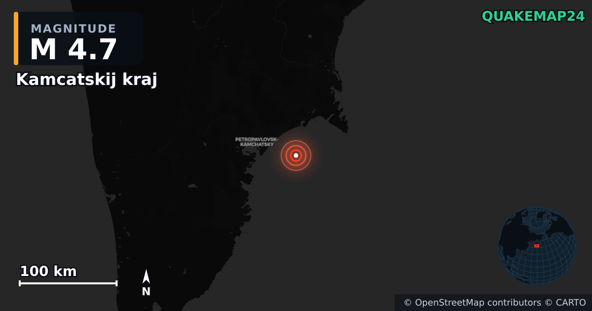 M4.7 earthquake near Kamcatskij kraj on Jul 21, 2025 — map of epicenter and shaking intensity | QuakeMap24