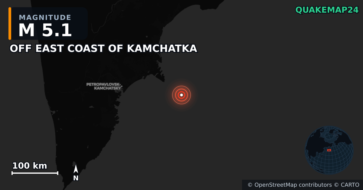 M5.1 earthquake near OFF EAST COAST OF KAMCHATKA on Sep 19, 2025 — map of epicenter and shaking intensity | QuakeMap24