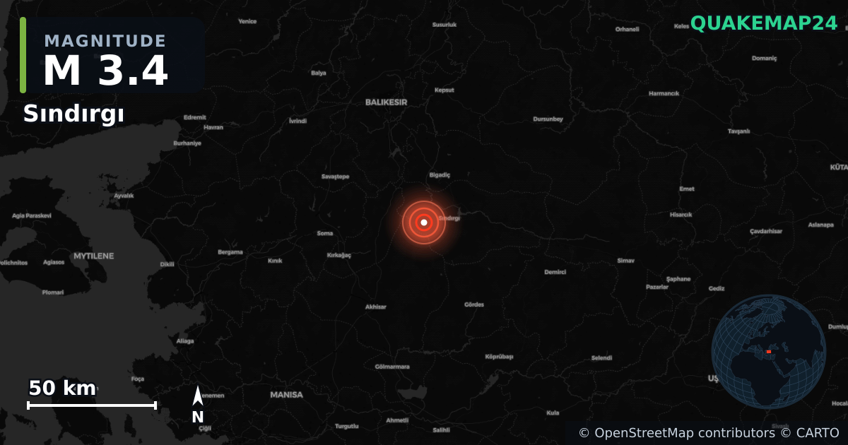 M3.4 earthquake near Sındırgı on Aug 21, 2025 — map of epicenter and shaking intensity | QuakeMap24