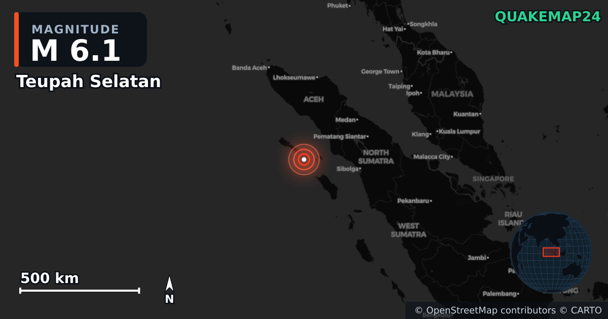 M6.1 earthquake near Teupah Selatan on Mar 3, 2026 — map of epicenter and shaking intensity | QuakeMap24