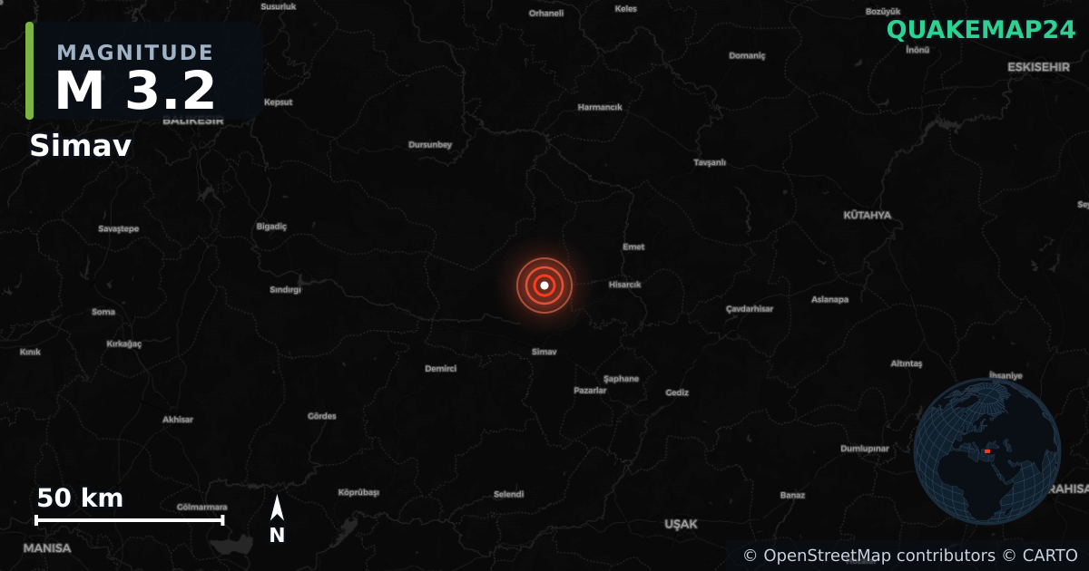 M3.2 earthquake near Simav on Oct 9, 2025 — map of epicenter and shaking intensity | QuakeMap24