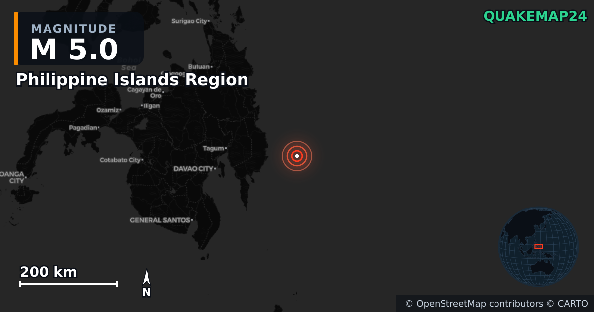 M5.0 earthquake near Philippine Islands Region on Oct 10, 2025 — map of epicenter and shaking intensity | QuakeMap24