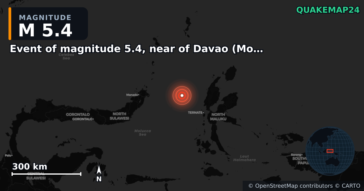 Erdbeben M5,4 bei Event of magnitude 5.4, near of Davao (Monde) — Karte der Lage des Epizentrums