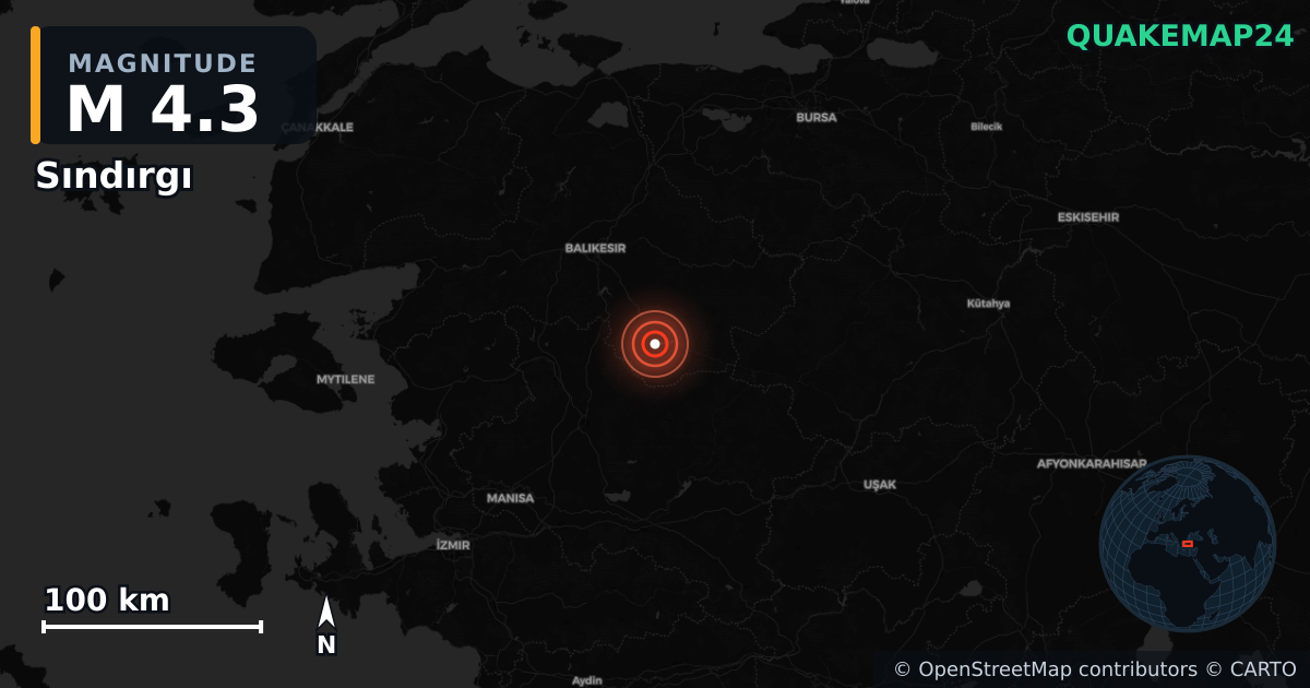 M4.3 earthquake near Sındırgı on Aug 22, 2025 — map of epicenter and shaking intensity | QuakeMap24