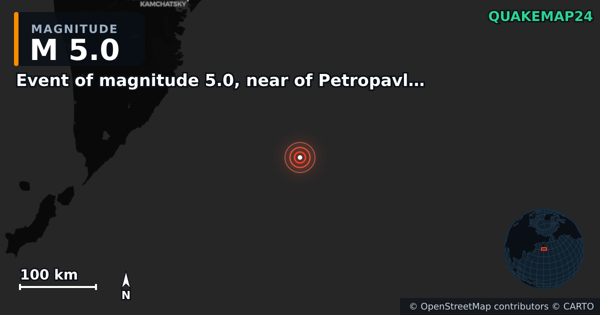 M5.0 earthquake near Event of magnitude 5.0, near of Petropavlovsk Kamchatskiy (Monde) on Oct 23, 2025 — map of epicenter and shaking intensity | QuakeMap24