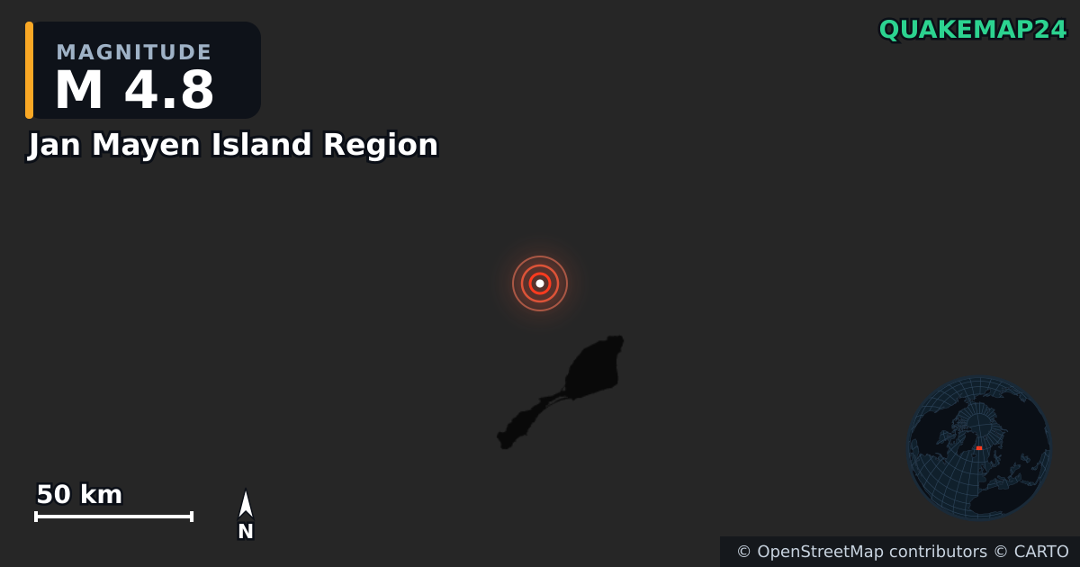 M4.8 earthquake near Jan Mayen Island Region on Oct 5, 2025 — map of epicenter and shaking intensity | QuakeMap24