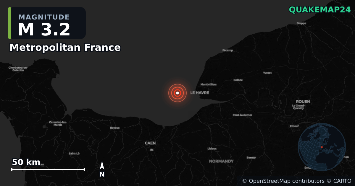 Terremoto de M3,2 cerca de Metropolitan France (Francia) · 2026-09-14 — Mapa de la ubicación del epicentro