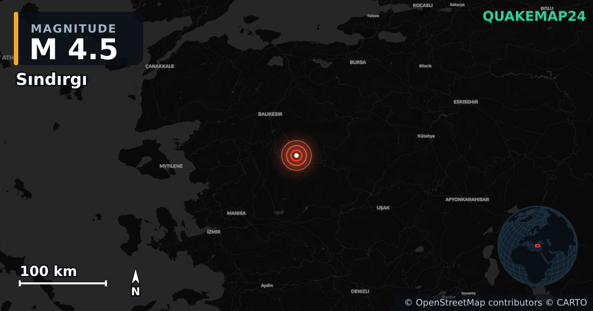 M4.5 earthquake near Sındırgı on Aug 27, 2025 — map of epicenter and shaking intensity | QuakeMap24