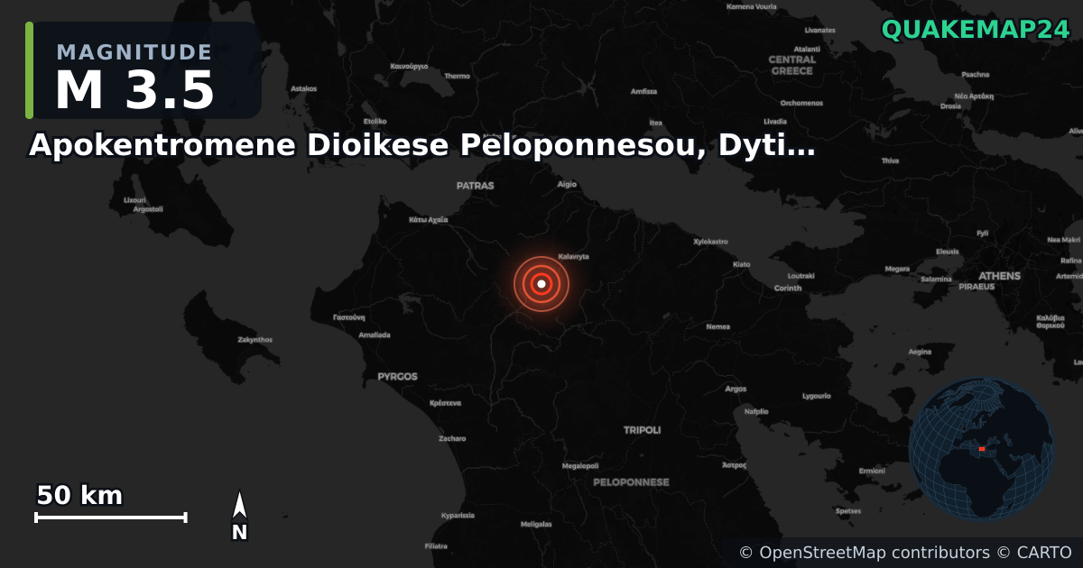 M3.5 earthquake near Apokentromene Dioikese Peloponnesou, Dytikes Elladas kai Ioniou on Sep 20, 2025 — map of epicenter and shaking intensity | QuakeMap24