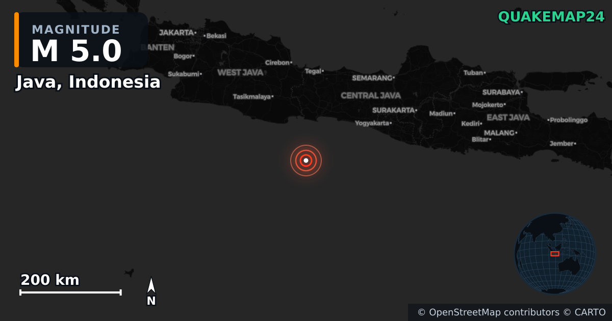M5.0 earthquake near Java, Indonesia on Aug 29, 2025 — map of epicenter and shaking intensity | QuakeMap24