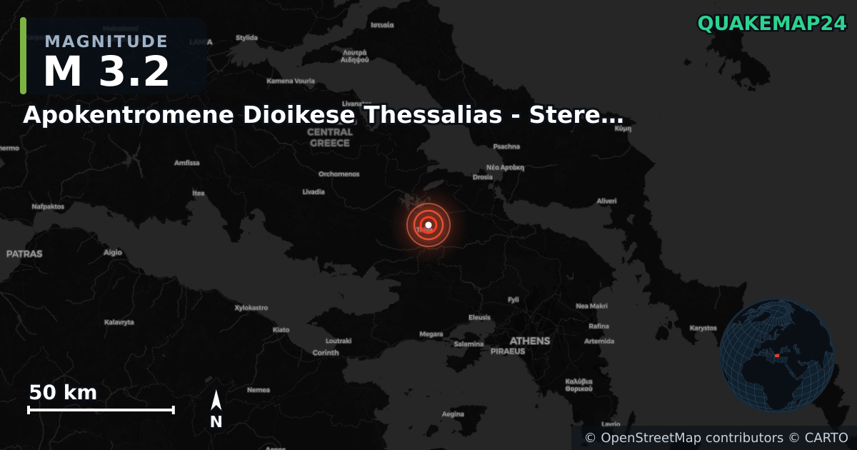 M3.2 earthquake near Apokentromene Dioikese Thessalias - Stereas Ellados on Sep 5, 2025 — map of epicenter and shaking intensity | QuakeMap24
