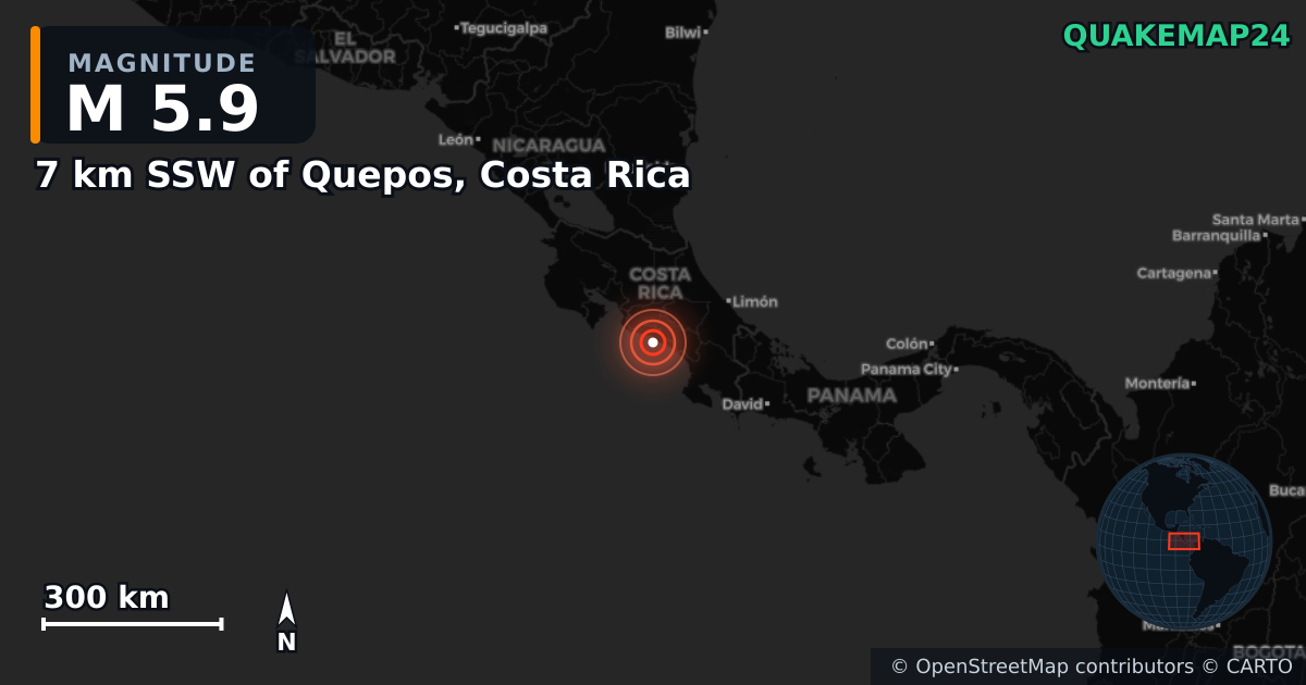 M5.9 earthquake near 7 km SSW of Quepos, Costa Rica on Oct 22, 2025 — map of epicenter and shaking intensity | QuakeMap24