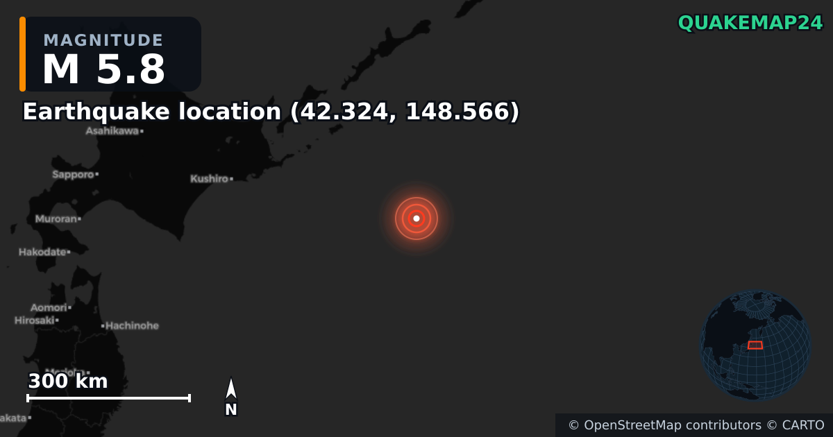 M5.8 earthquake near Τοποθεσία σεισμού (42.324, 148.566) on Dec 17, 2025 — map of epicenter and shaking intensity | QuakeMap24