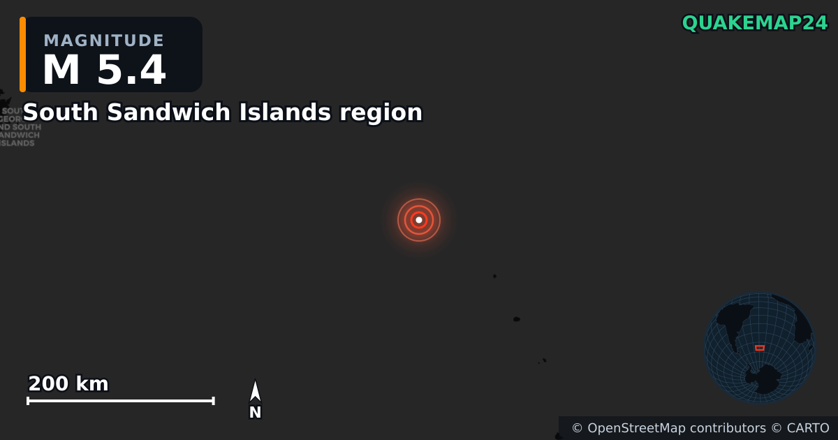M5.4 earthquake near South Sandwich Islands region on Jan 17, 2026 — map of epicenter and shaking intensity | QuakeMap24