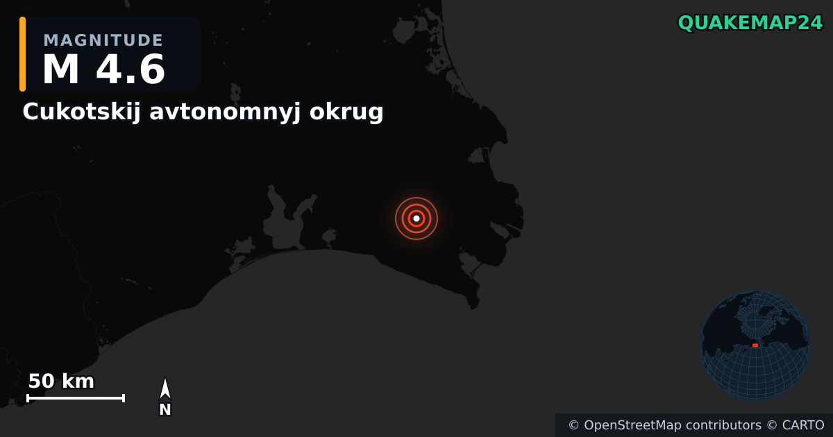 M4.6 earthquake near Cukotskij avtonomnyj okrug on May 12, 2025 — map of epicenter and shaking intensity | QuakeMap24