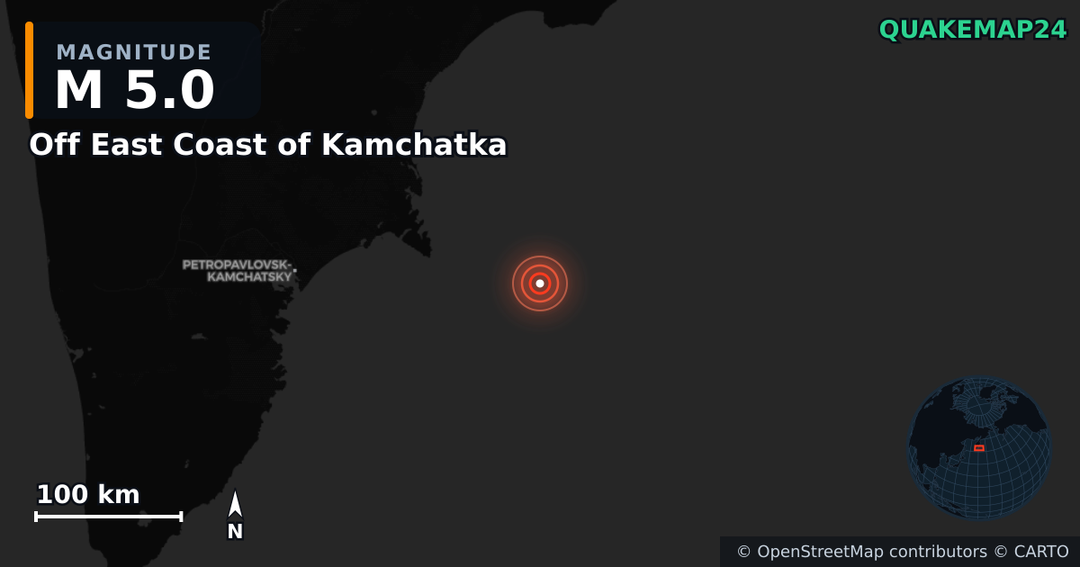 M5.0 earthquake near Off East Coast of Kamchatka on Sep 19, 2025 — map of epicenter and shaking intensity | QuakeMap24