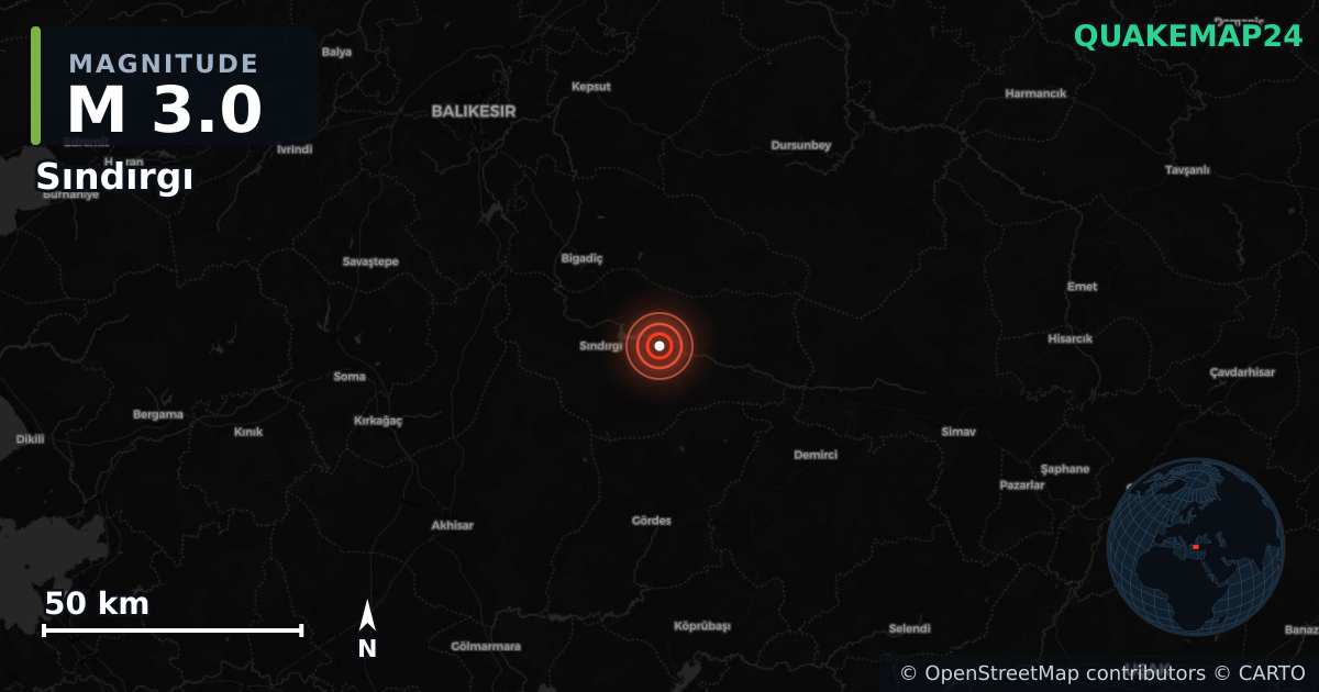 M3.0 earthquake near Sındırgı on Nov 13, 2025 — map of epicenter and shaking intensity | QuakeMap24