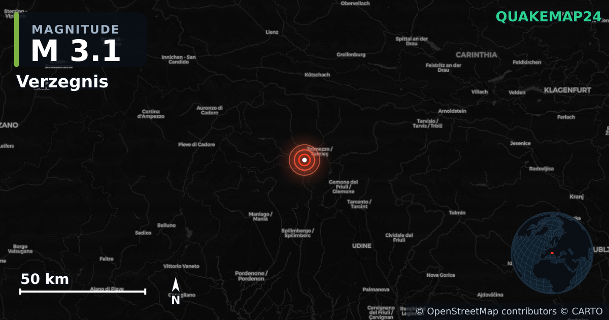 M3.1 earthquake near Verzegnis on Apr 17, 2026 — map of epicenter and shaking intensity | QuakeMap24