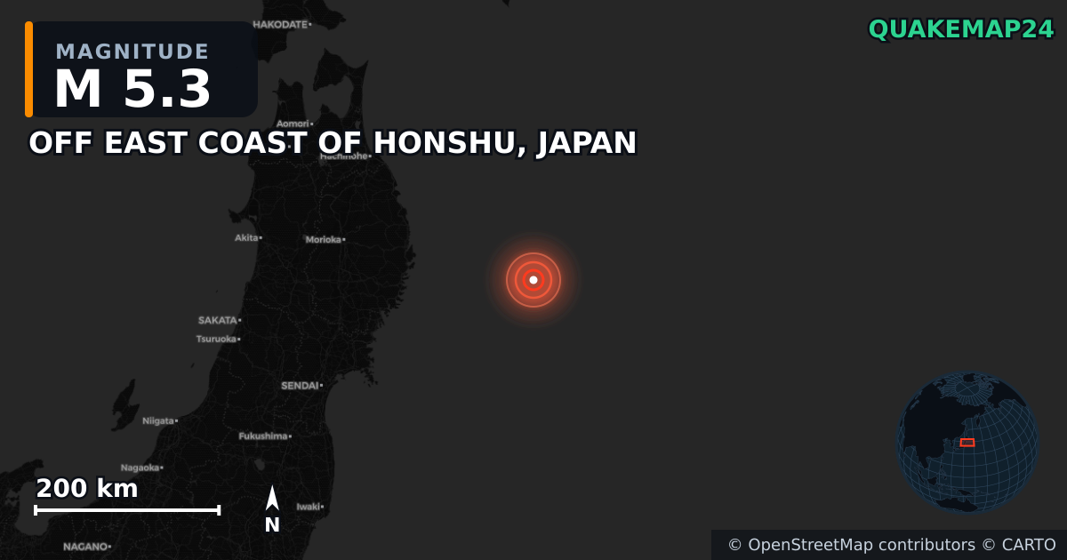 M5.3 earthquake near OFF EAST COAST OF HONSHU, JAPAN on Nov 13, 2025 — map of epicenter and shaking intensity | QuakeMap24