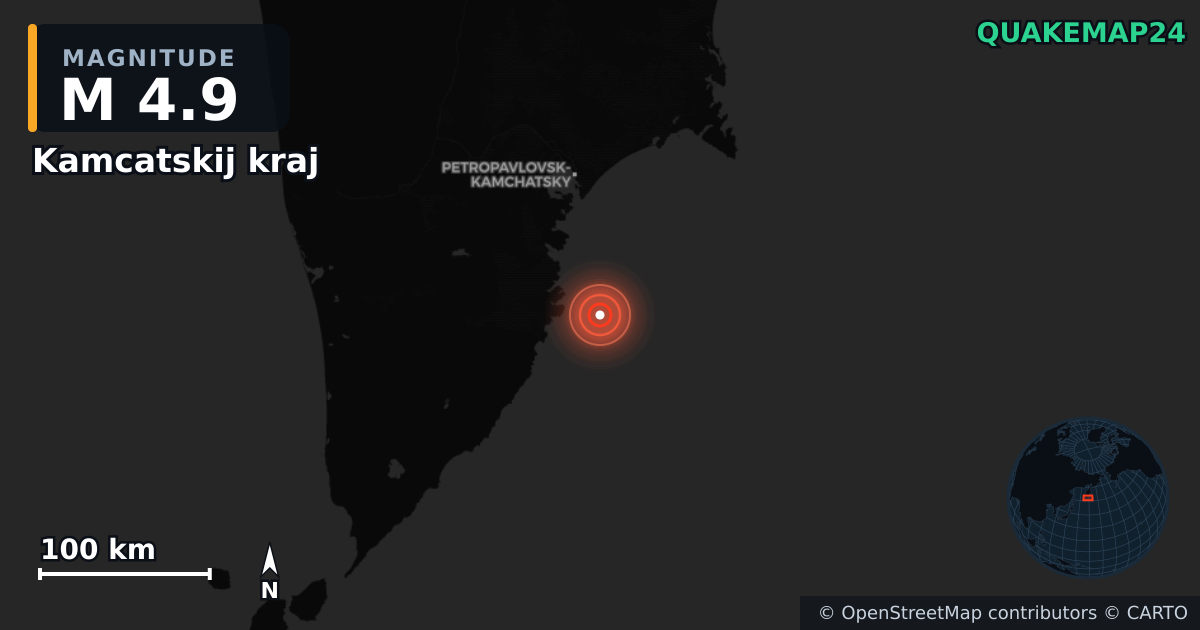 M4.9 earthquake near Kamcatskij kraj on Nov 23, 2025 — map of epicenter and shaking intensity | QuakeMap24