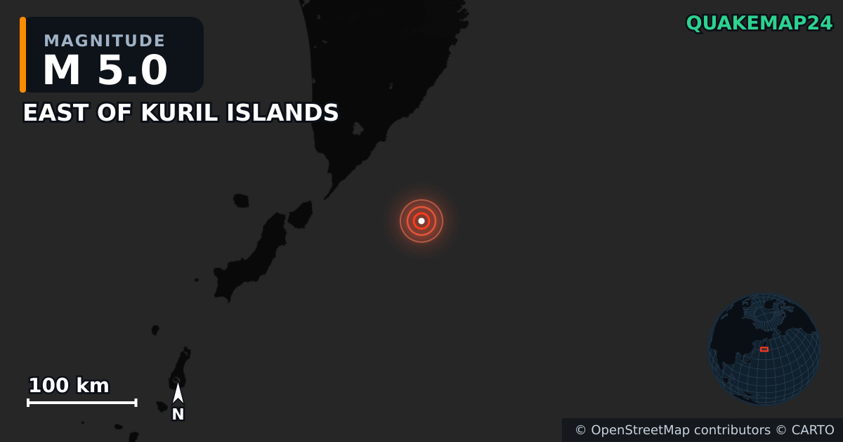 Terremoto de M5,0 cerca de EAST OF KURIL ISLANDS — Mapa de la ubicación del epicentro