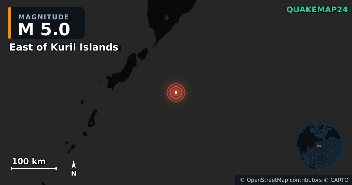 M5.0 earthquake near East of Kuril Islands on Jul 30, 2025 — map of epicenter and shaking intensity | QuakeMap24