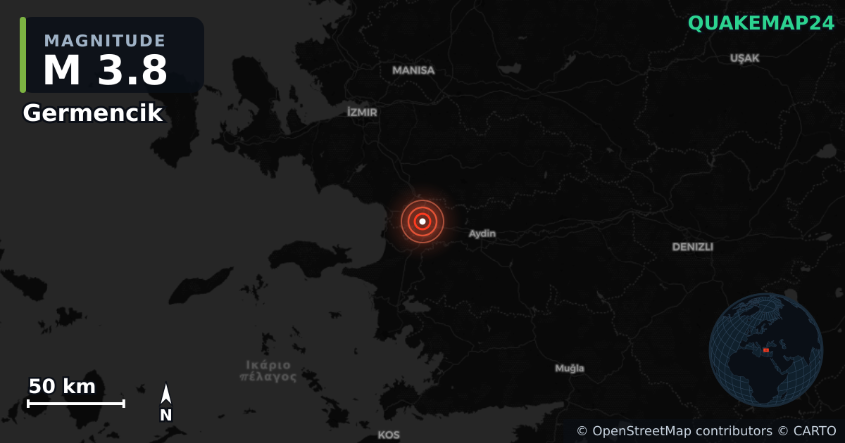 M3.8 earthquake near Germencik on Jan 30, 2026 — map of epicenter and shaking intensity | QuakeMap24
