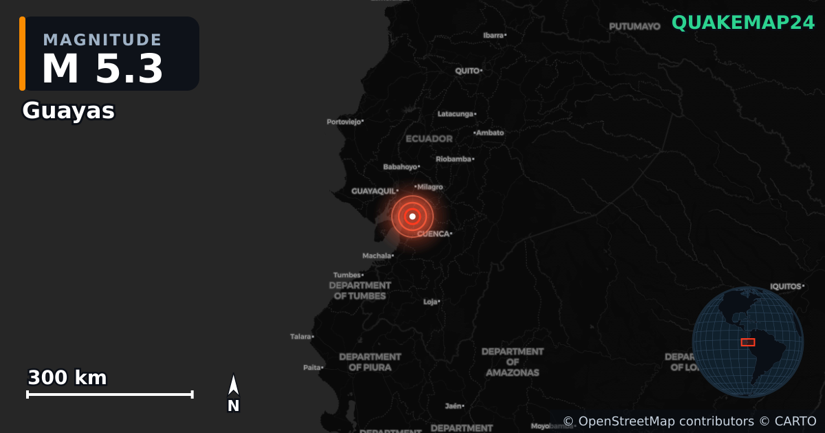 M5.3 earthquake near Guayas on Jun 21, 2025 — map of epicenter and shaking intensity | QuakeMap24