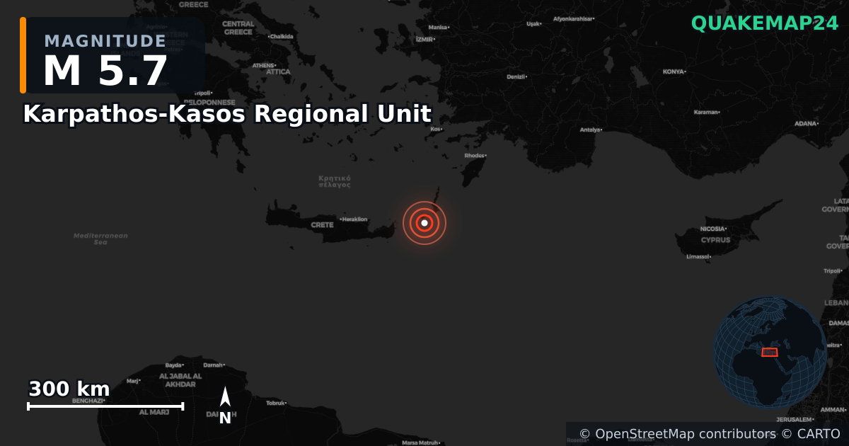 M5.7 earthquake near Karpathos-Kasos Regional Unit on May 13, 2025 — map of epicenter and shaking intensity | QuakeMap24