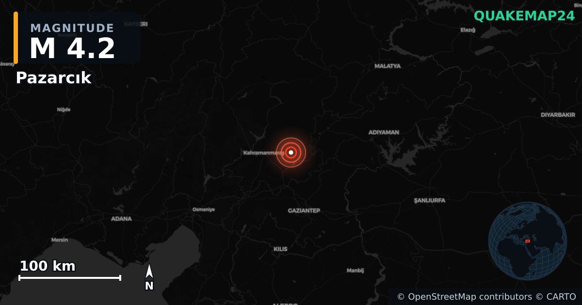 Sismo de M4,2 perto de Pazarcık, Kahramanmaraş (Turquia) · 2026-06-03 — Mapa da localização do epicentro