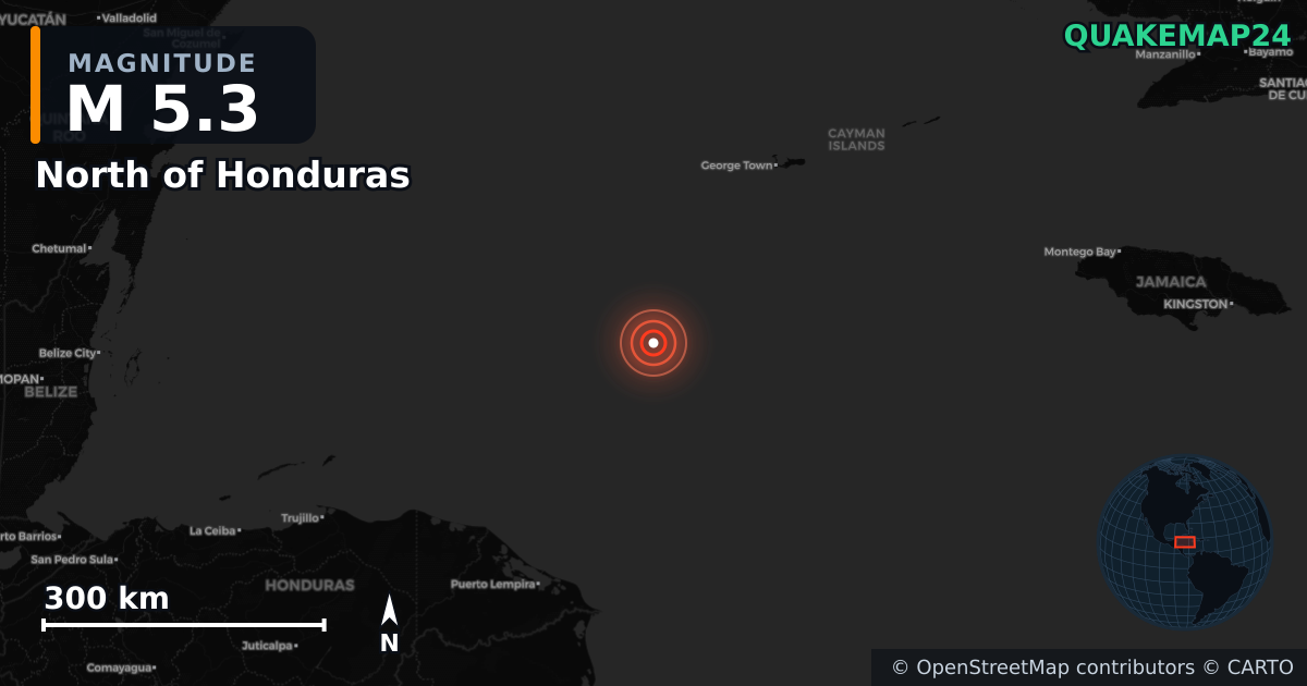 M5.3 earthquake near North of Honduras on Feb 24, 2025 — map of epicenter and shaking intensity | QuakeMap24
