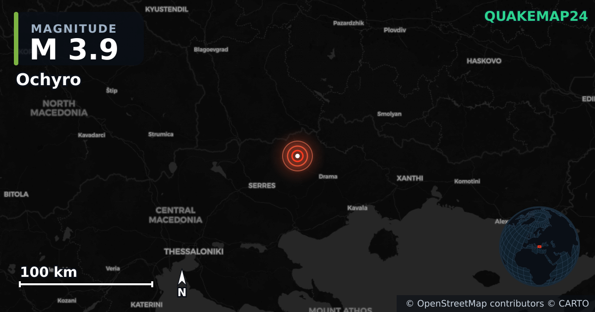 M3.9 earthquake near Ochyro on Feb 9, 2026 — map of epicenter and shaking intensity | QuakeMap24