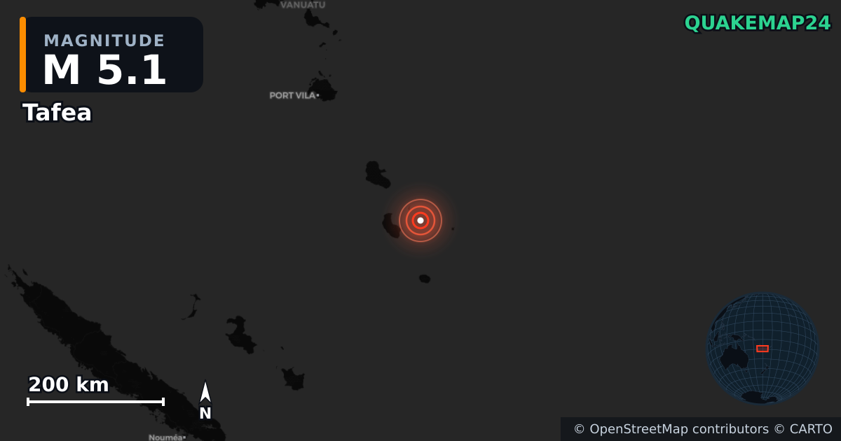 M5.1 earthquake near Tafea on Sep 4, 2025 — map of epicenter and shaking intensity | QuakeMap24