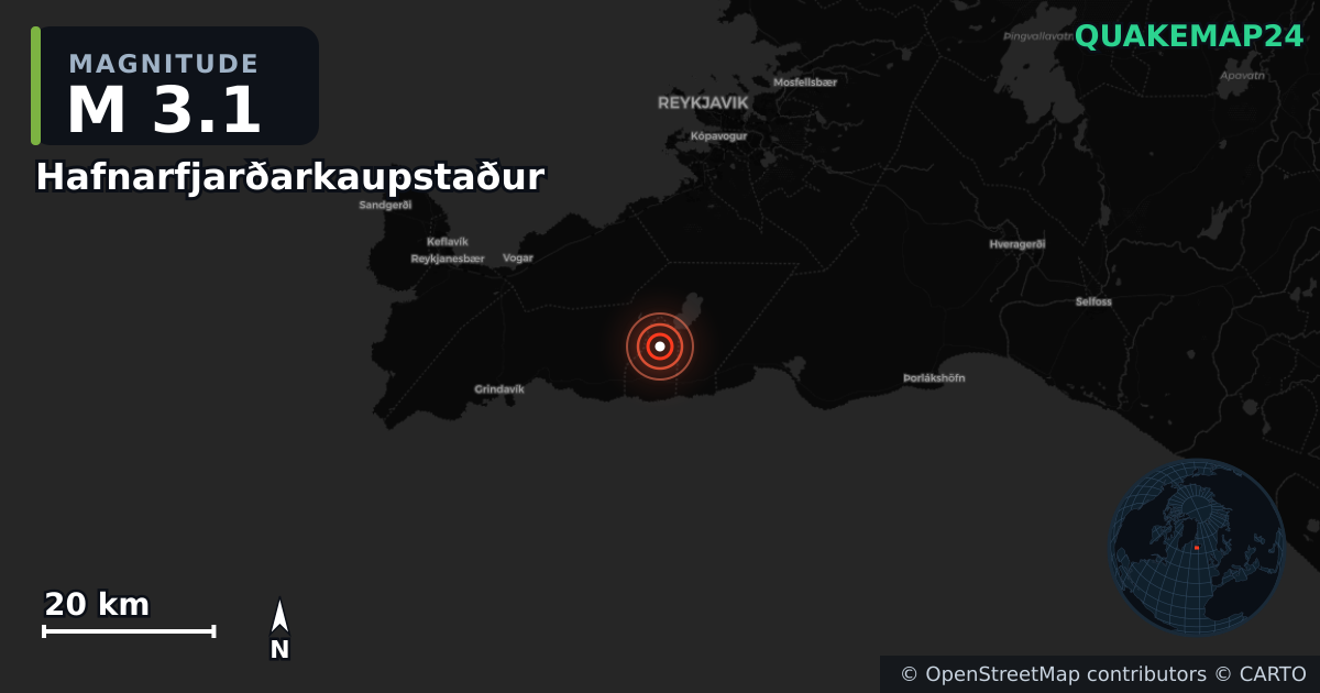 M3.1 earthquake near Hafnarfjarðarkaupstaður on Aug 30, 2025 — map of epicenter and shaking intensity | QuakeMap24