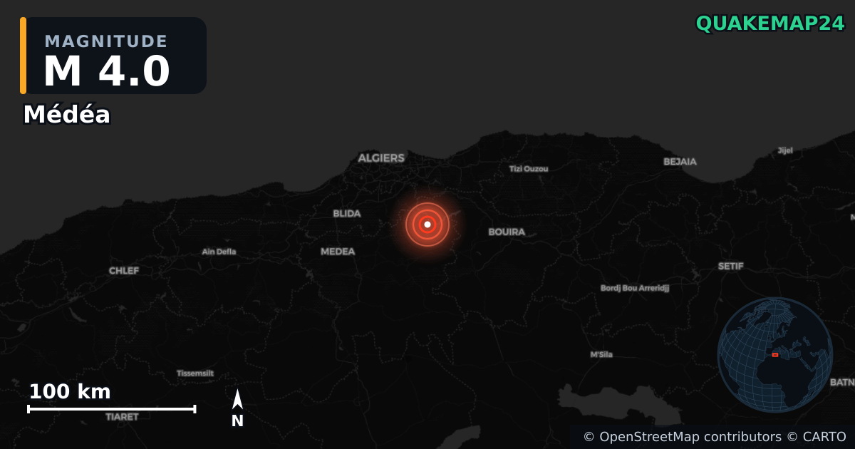M4.0 earthquake near Médéa on Sep 14, 2025 — map of epicenter and shaking intensity | QuakeMap24