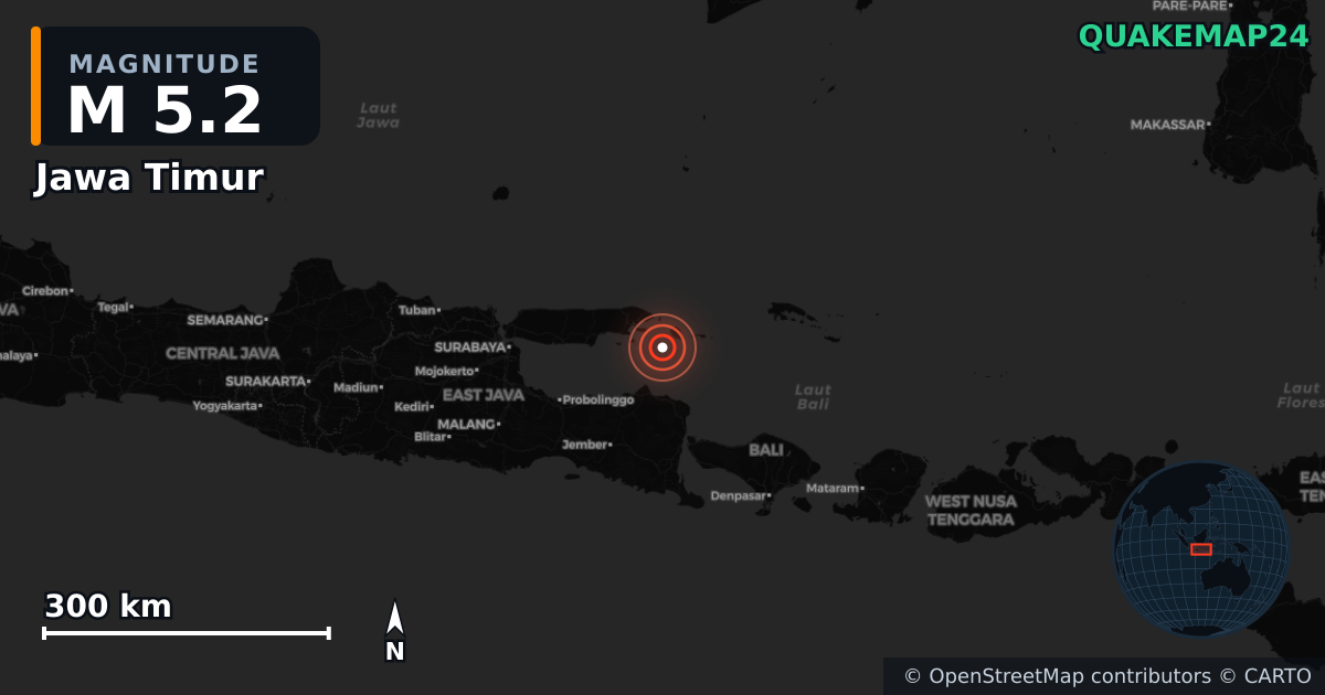 M5.2 earthquake near Jawa Timur on Oct 13, 2025 — map of epicenter and shaking intensity | QuakeMap24
