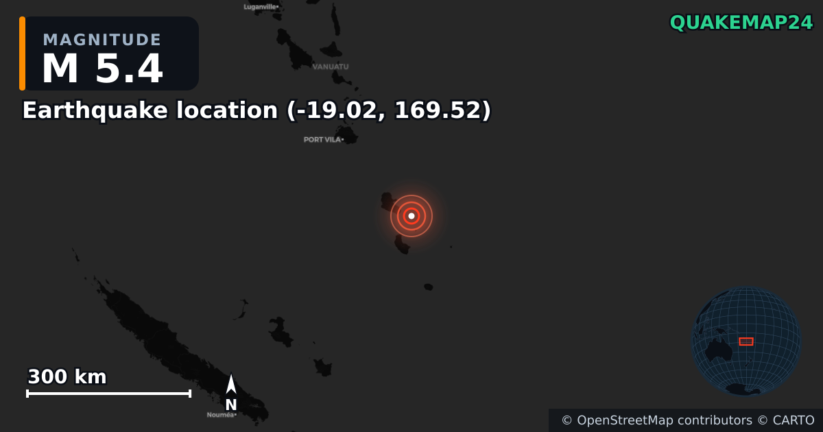 M5.4 earthquake near Τοποθεσία σεισμού (-19.02, 169.52) on Apr 2, 2026 — map of epicenter and shaking intensity | QuakeMap24